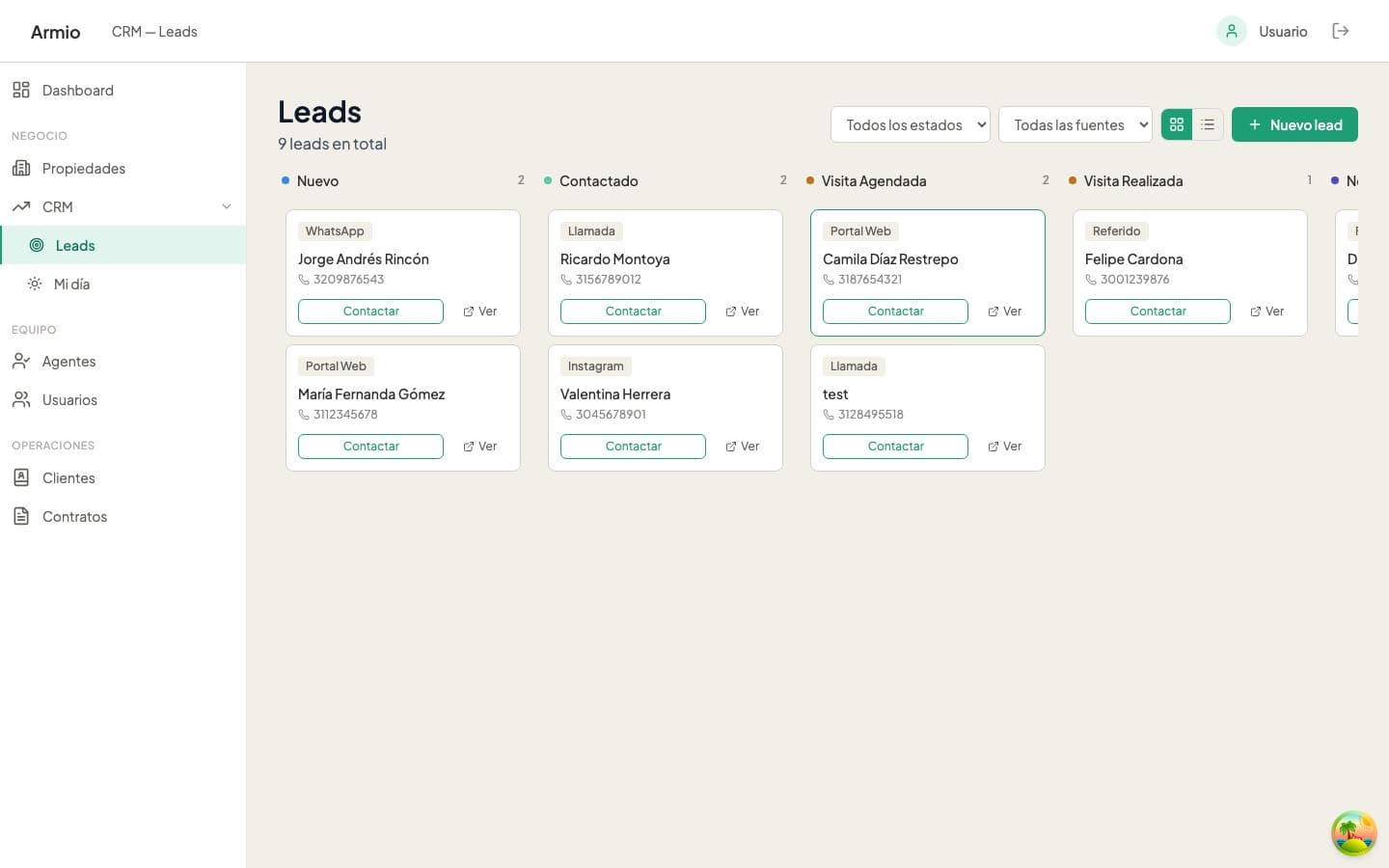 CRM Armio — pipeline de leads por etapa